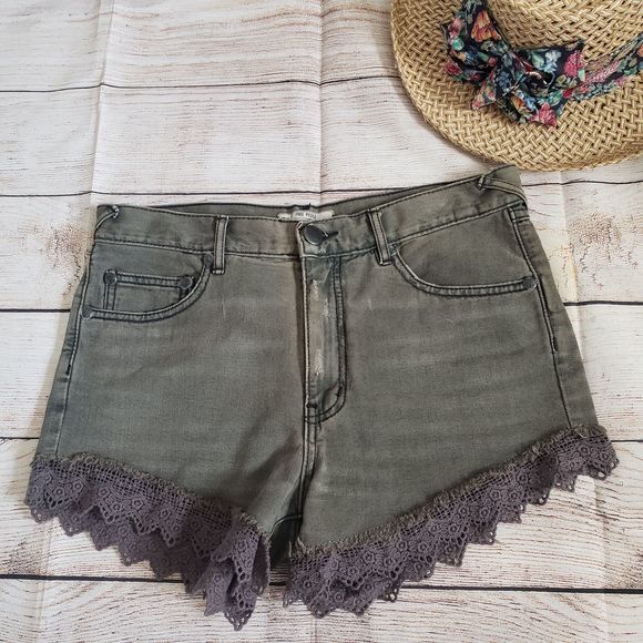 Free People Pants - FREE PEOPLE olive green lace hem denim shorts